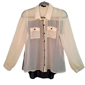 Mine Black Ivory Colorblock Button Down Sheer Blouse Size Large